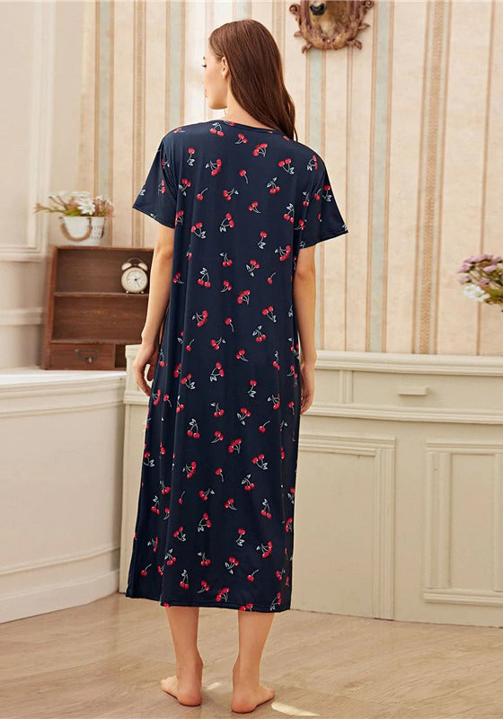 Navy Fruit And Vegetable Print Night Dress