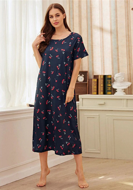 Navy Fruit And Vegetable Print Night Dress