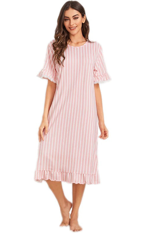 Pink Striped Contrast Lace Trim Night Dress