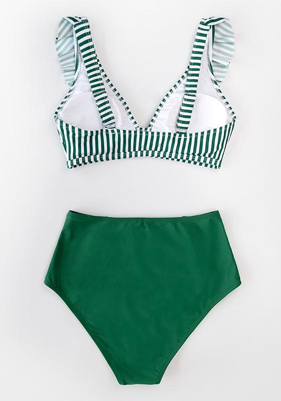 Red Stripe Ruffled High-Waist Bikini Set