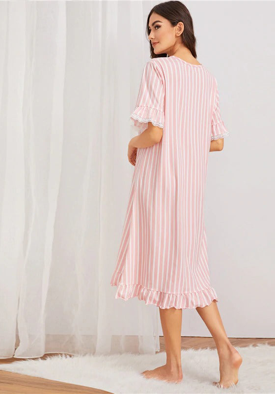 Pink Striped Contrast Lace Trim Night Dress