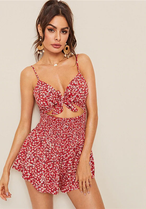 Tie Front Cut Out Floral Romper