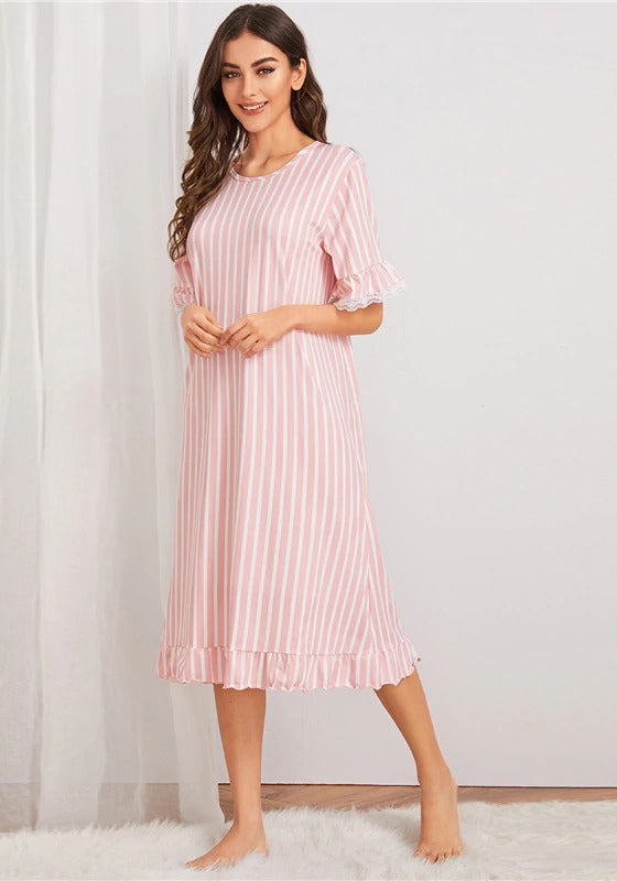 Pink Striped Contrast Lace Trim Night Dress