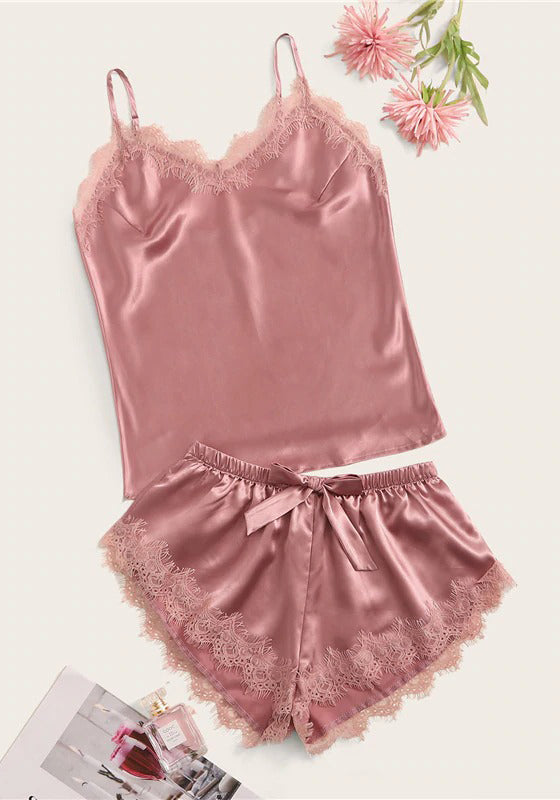 Black Eyelash Lace Satin Cami and Shorts PJ Set