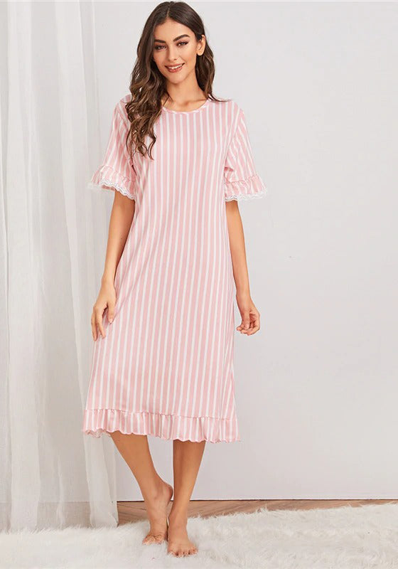 Pink Striped Contrast Lace Trim Night Dress