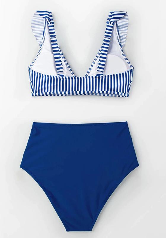 Red Stripe Ruffled High-Waist Bikini Set