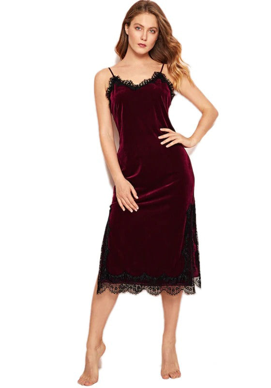 Burgundy Eyelash Lace Spaghetti Strap Dress