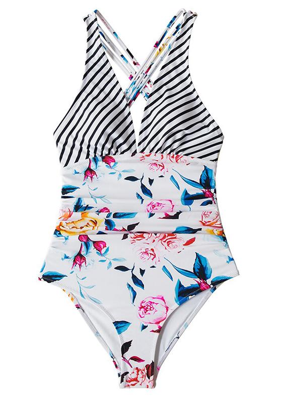 Stripe and Floral V-neck One-Piece