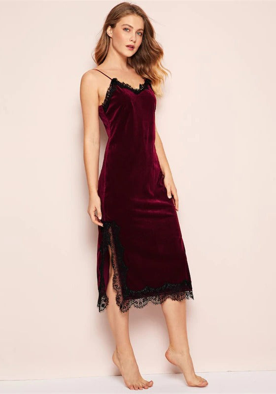 Burgundy Eyelash Lace Spaghetti Strap Dress