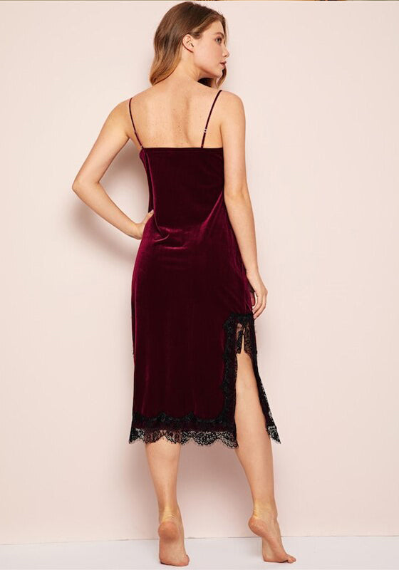 Burgundy Eyelash Lace Spaghetti Strap Dress