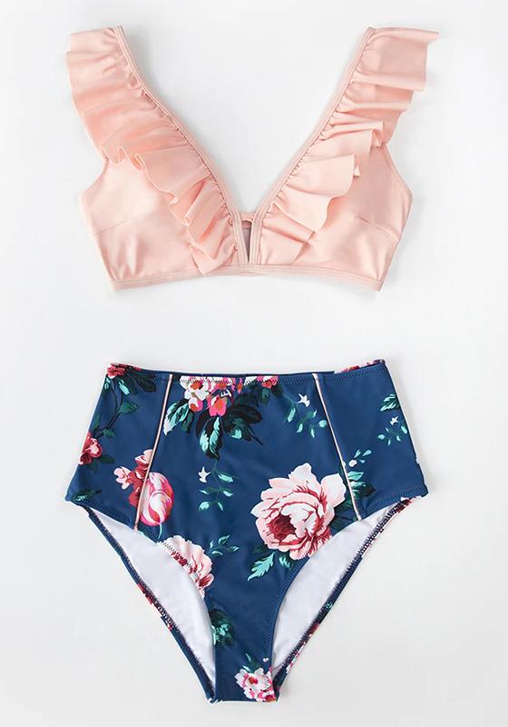 Red Stripe Ruffled High-Waist Bikini Set