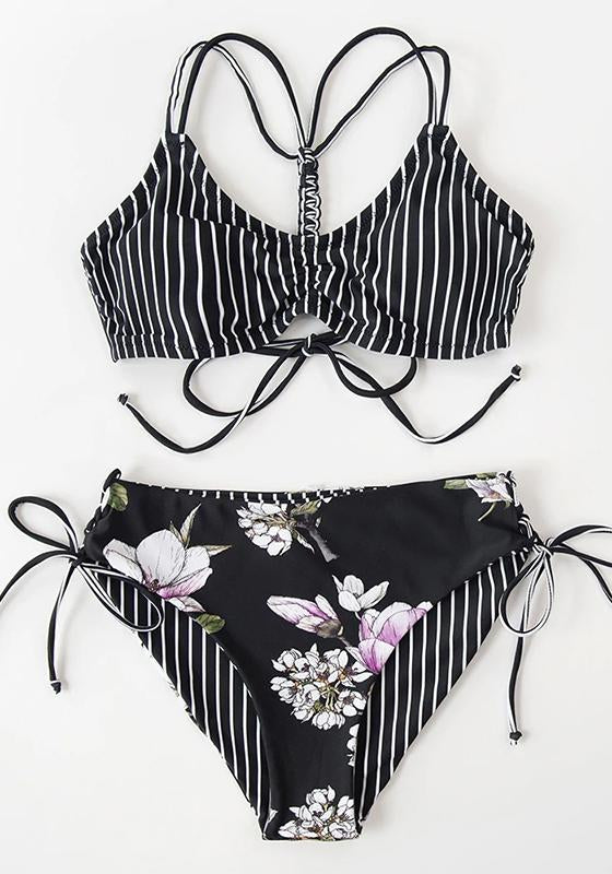 Green Leaf Lace Up Low-Waist Bikini Set