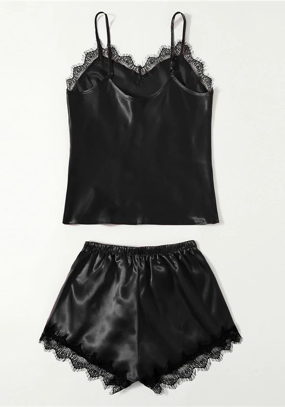 Black Eyelash Lace Satin Cami and Shorts PJ Set