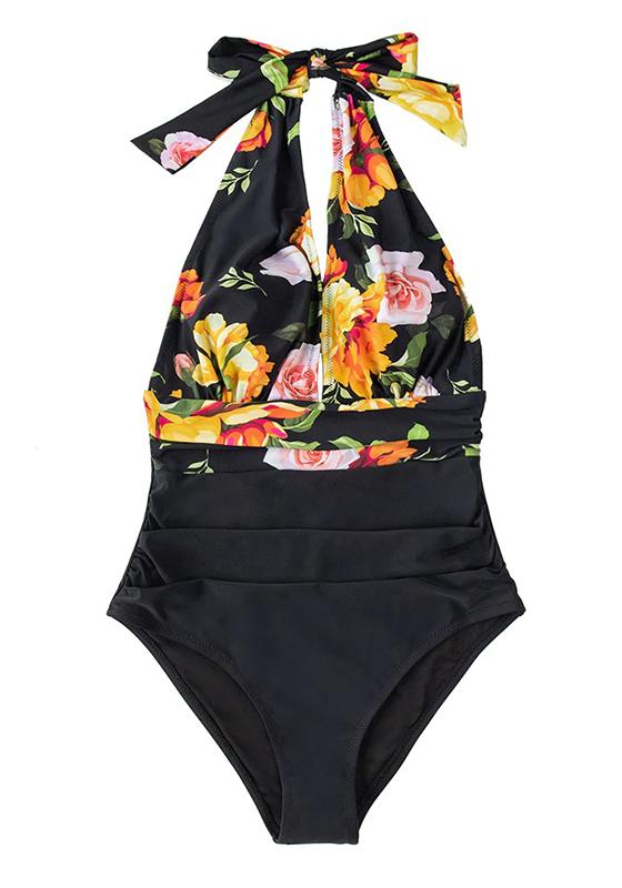 Navy Floral Deep V-neck Halter One-Piece