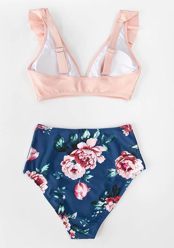 Red Stripe Ruffled High-Waist Bikini Set