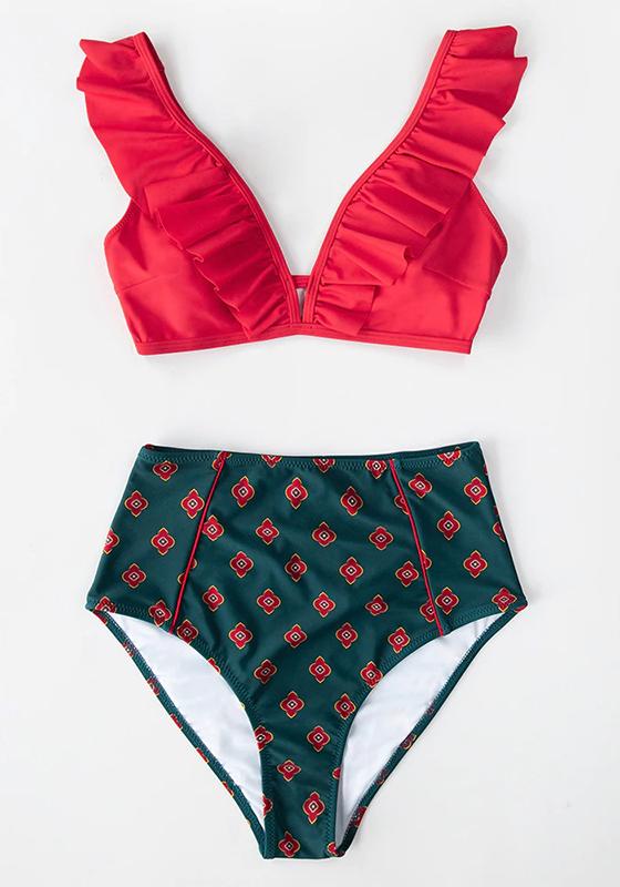 Red Stripe Ruffled High-Waist Bikini Set