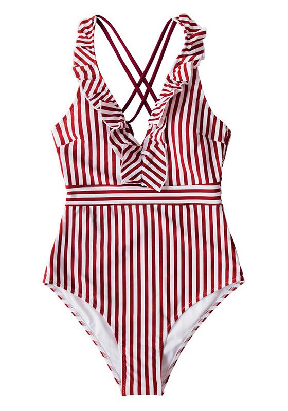 Green White Striped Ruffled One-Piece