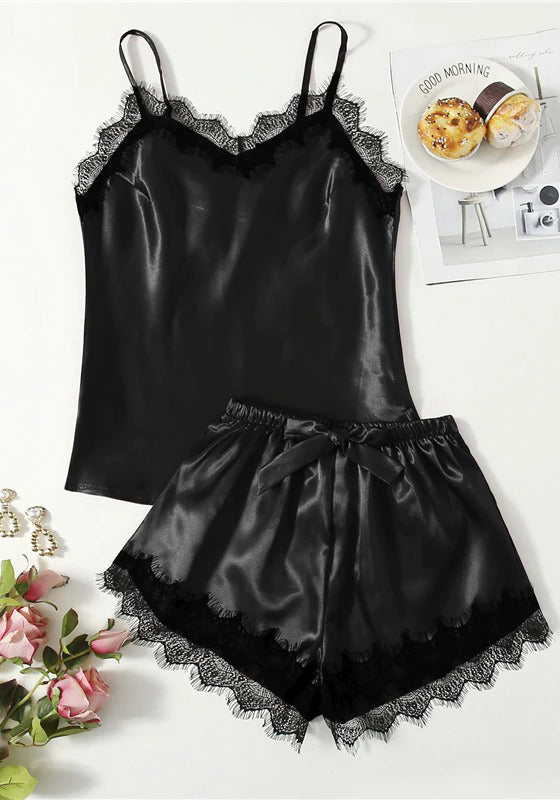 Black Eyelash Lace Satin Cami and Shorts PJ Set