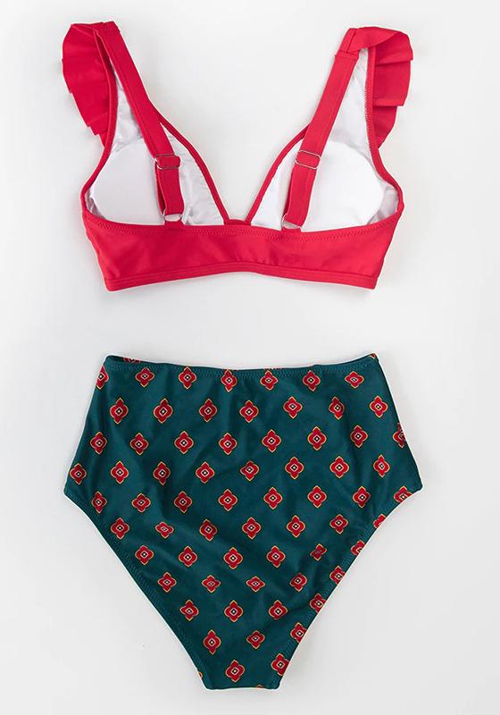 Red Stripe Ruffled High-Waist Bikini Set