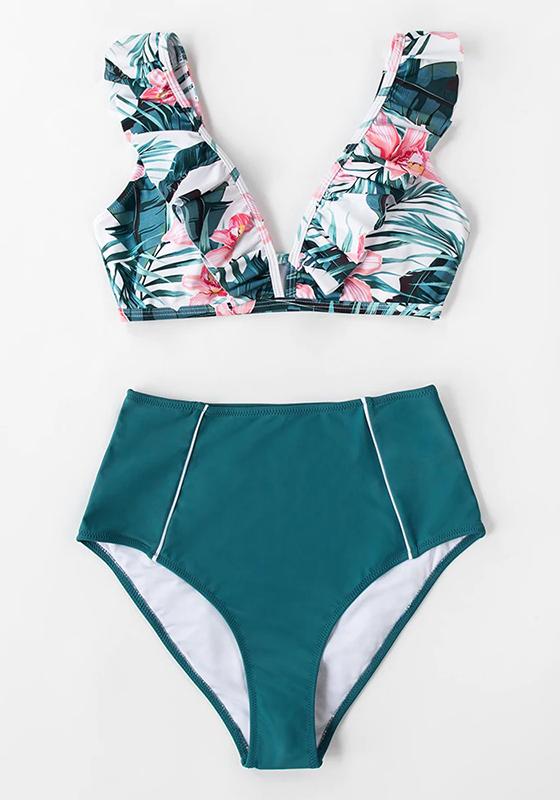 Red Stripe Ruffled High-Waist Bikini Set