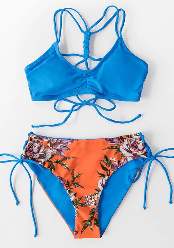 Green Leaf Lace Up Low-Waist Bikini Set