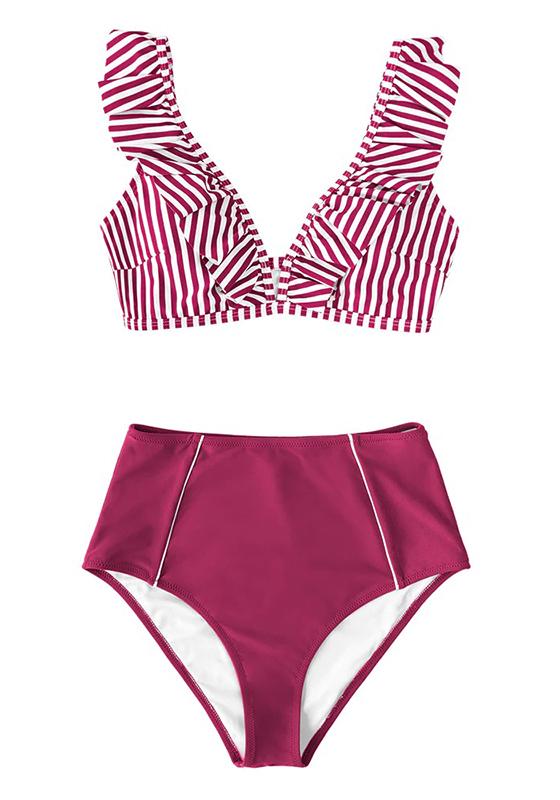 Red Stripe Ruffled High-Waist Bikini Set