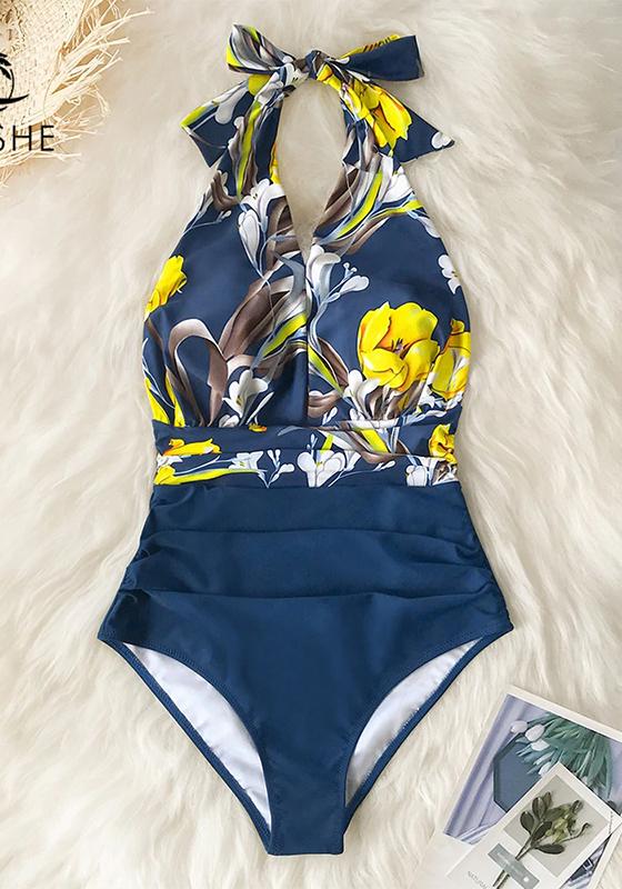 Navy Floral Deep V-neck Halter One-Piece