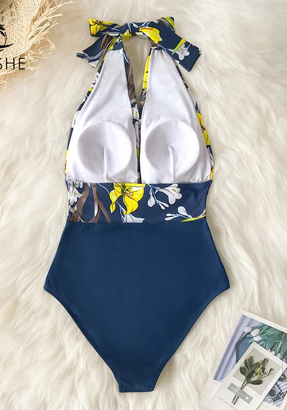 Navy Floral Deep V-neck Halter One-Piece