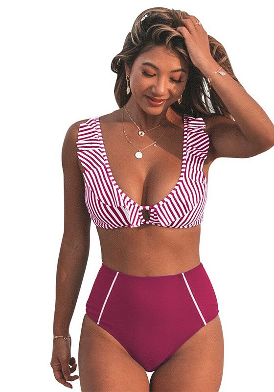 Red Stripe Ruffled High-Waist Bikini Set