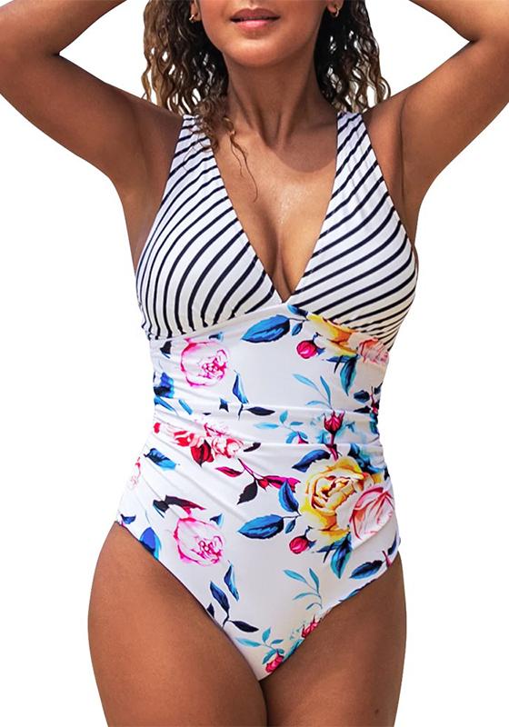 Stripe and Floral V-neck One-Piece