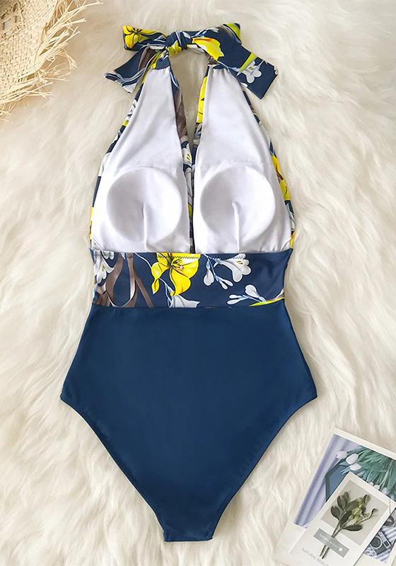 Navy Floral Deep V-neck Halter One-Piece