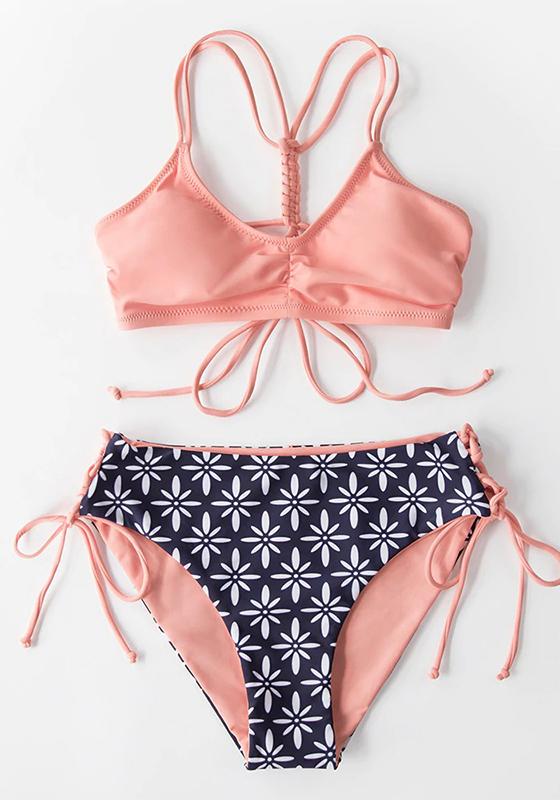 Green Leaf Lace Up Low-Waist Bikini Set