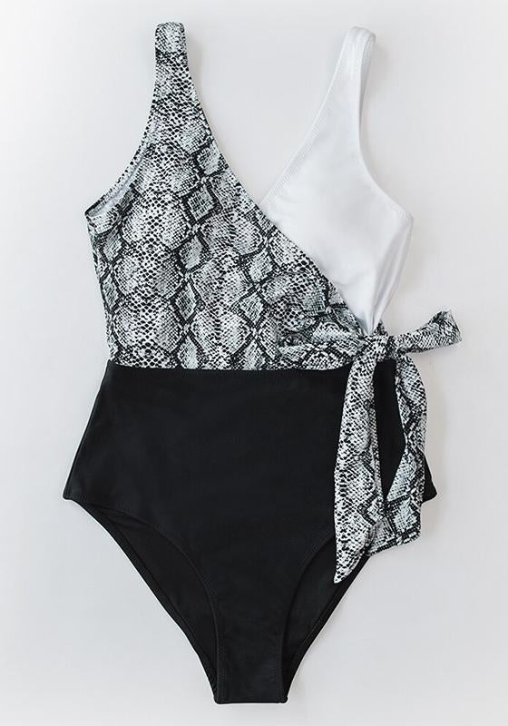 Black White Snake Print Patchwork One-Piece