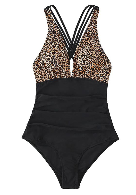 Black Leopard V-neck One-Piece