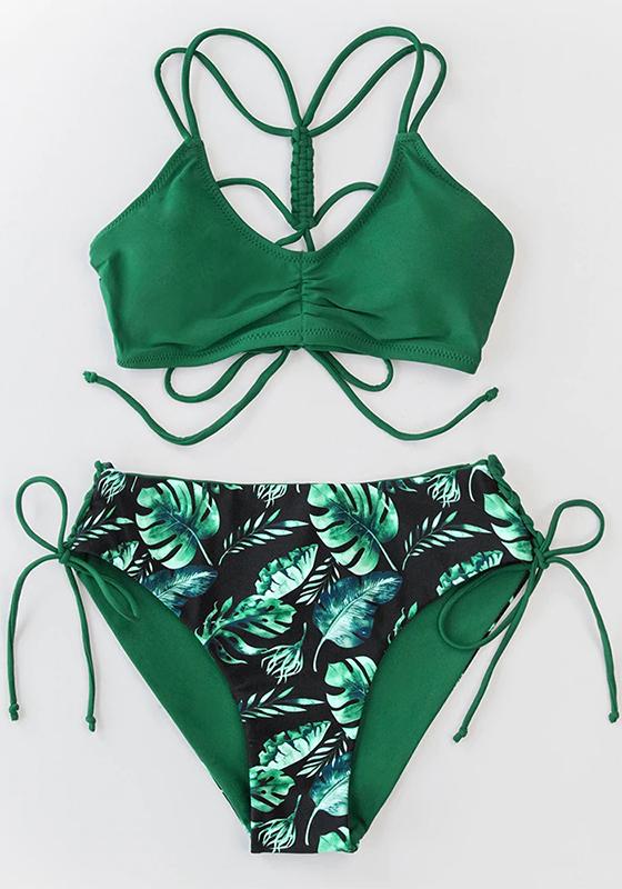 Green Leaf Lace Up Low-Waist Bikini Set