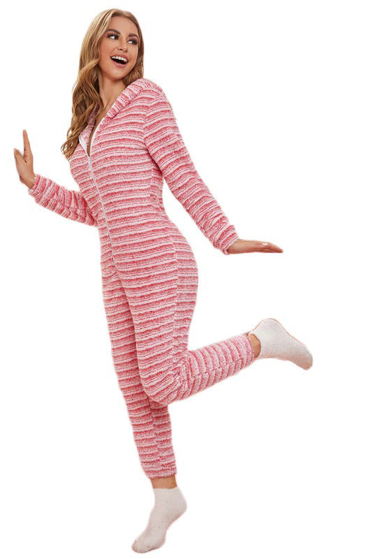 Striped Zipper Front Hooded Plush Onesie