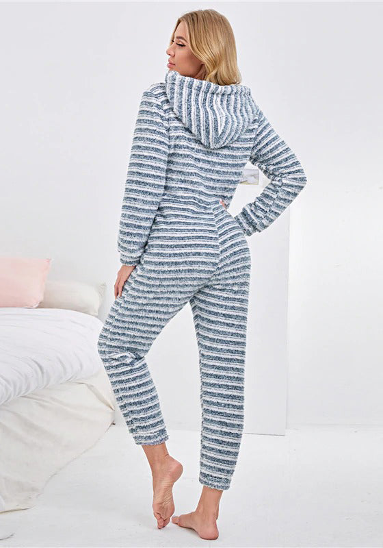 Striped Zipper Front Hooded Plush Onesie