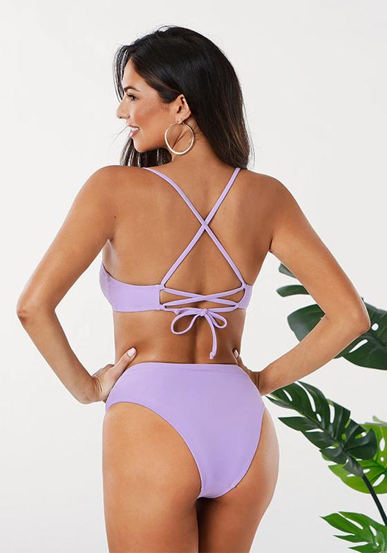 Solid Purple Lace Up High Waist Bikini Set