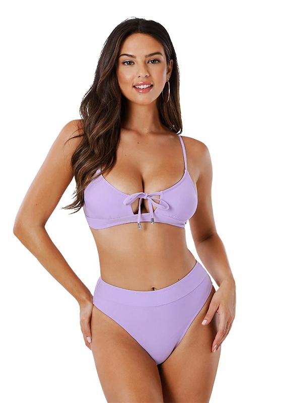 Solid Purple Lace Up High Waist Bikini Set