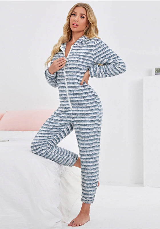 Striped Zipper Front Hooded Plush Onesie