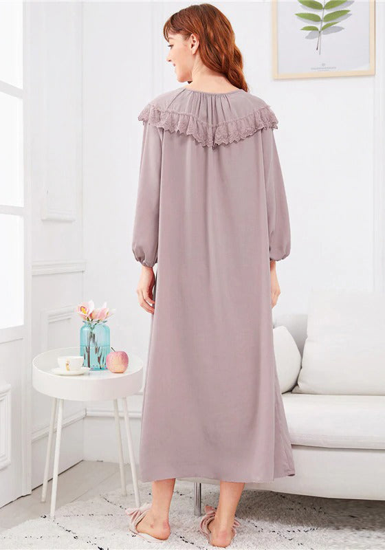 Embroidered Flounce Neck Bishop Sleeve Nightdress