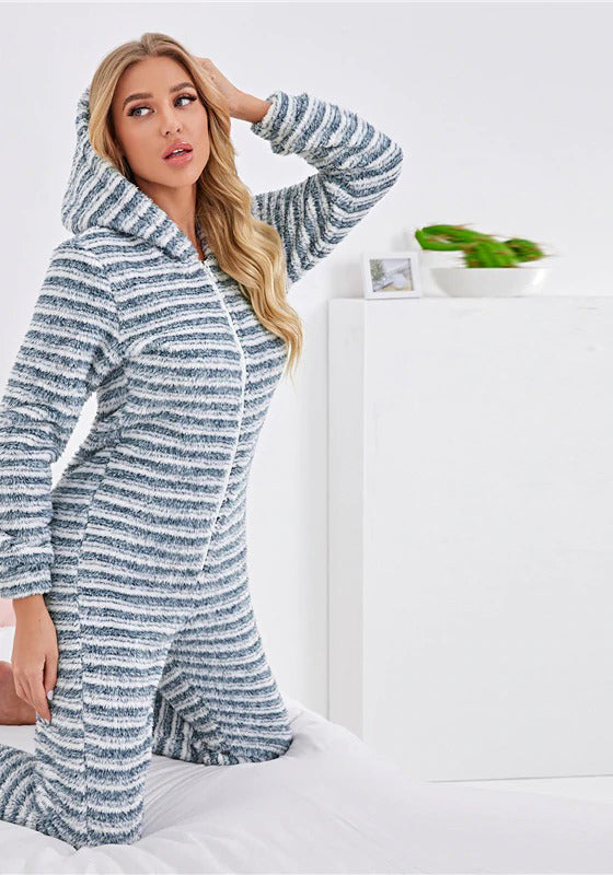 Striped Zipper Front Hooded Plush Onesie