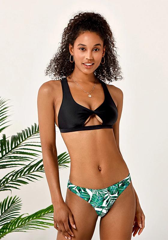 Black and Leafy Strappy Cutout Bikini Set