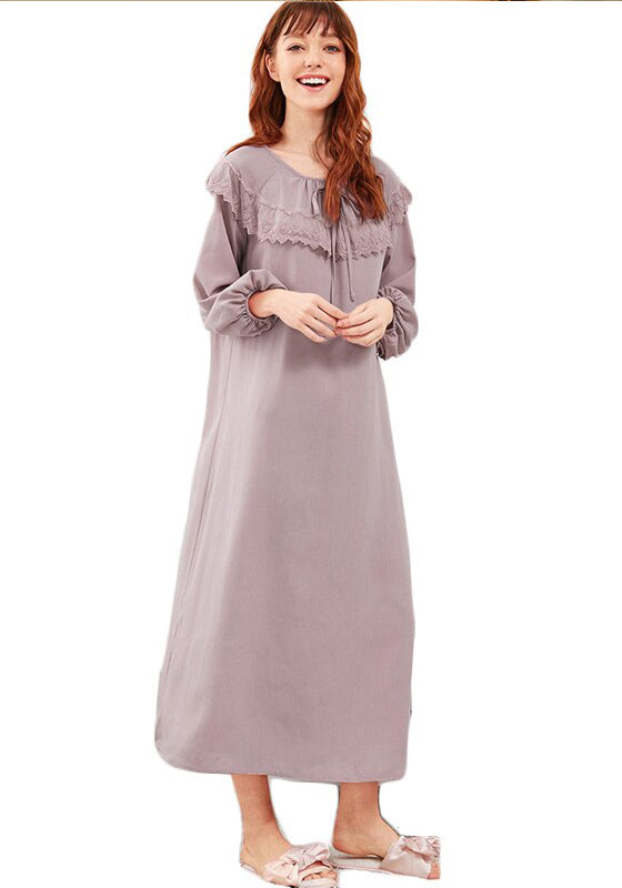 Embroidered Flounce Neck Bishop Sleeve Nightdress