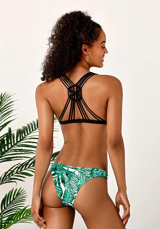 Black and Leafy Strappy Cutout Bikini Set