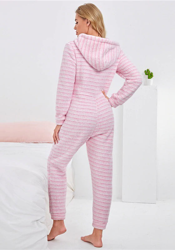 Striped Zipper Front Hooded Plush Onesie