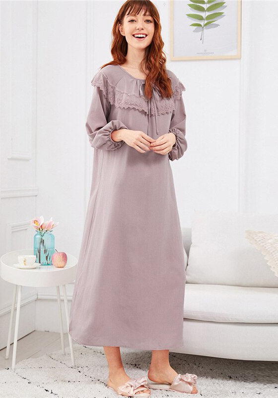 Embroidered Flounce Neck Bishop Sleeve Nightdress