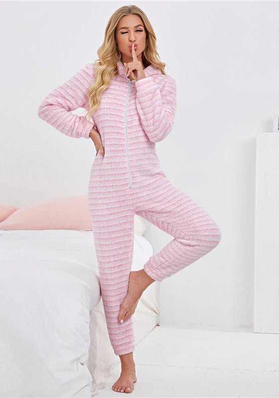 Striped Zipper Front Hooded Plush Onesie