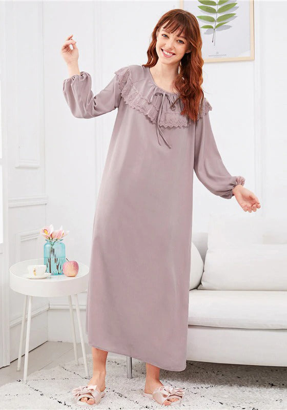 Embroidered Flounce Neck Bishop Sleeve Nightdress