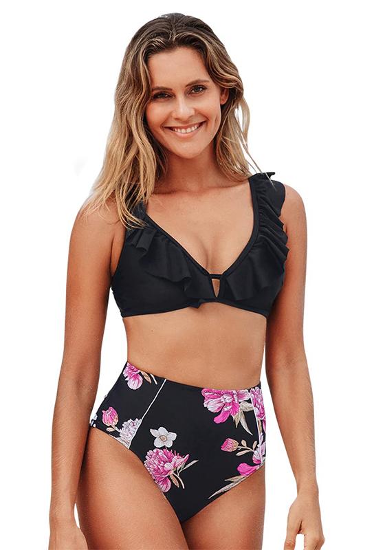 Black Floral Ruffled High-Waist Bikini Set